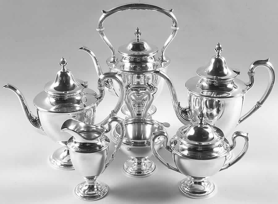 Dolly Madison (Sterling, Hollowware) 6 Piece Tea Set (SCP, STP, SCR, SSU, SWB, SKES) by Gorham Silver-1