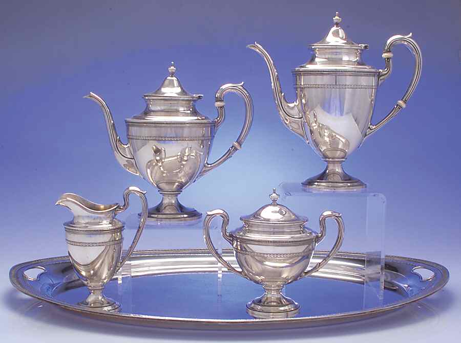 Edgeworth (Sterling, Hollowware) 5 Piece Tea Set (SCP, STP, SCR, SSU, WTL) by Gorham Silver-1