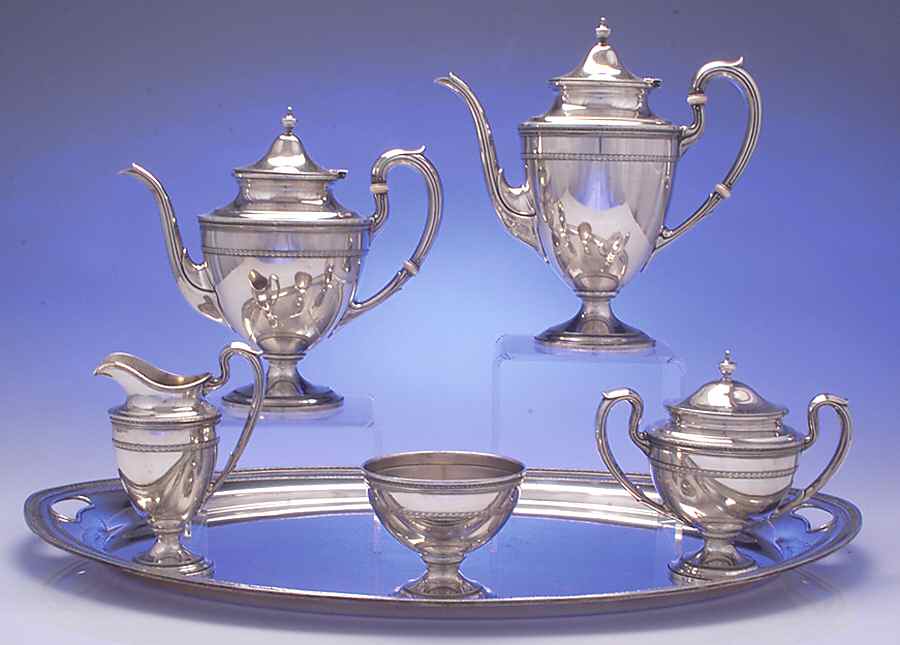 Edgeworth (Sterling, Hollowware) 6 Piece Tea Set (SCP, STP, SCR, SSU, SWB, WTL) by Gorham Silver-1