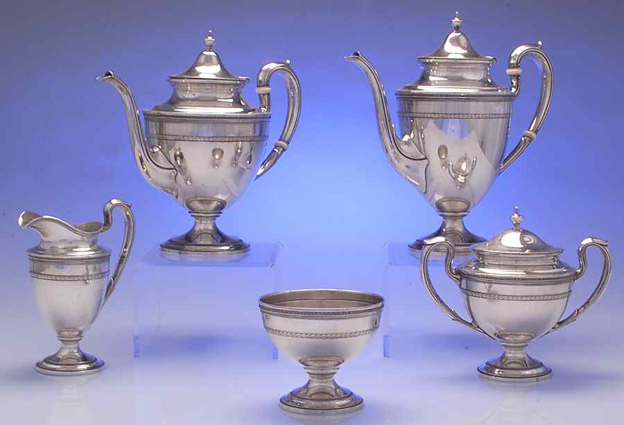 Edgeworth (Sterling, Hollowware) 5 Piece Tea Set (SCP, STP, SCR, SSU, SWB) by Gorham Silver-1
