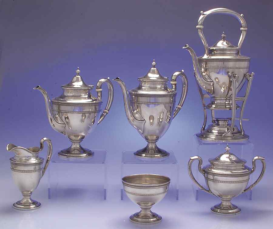 Edgeworth (Sterling, Hollowware) 6 Piece Tea Set (SCP, STP, SCR, SSU, SWB, SKES) by Gorham Silver-1