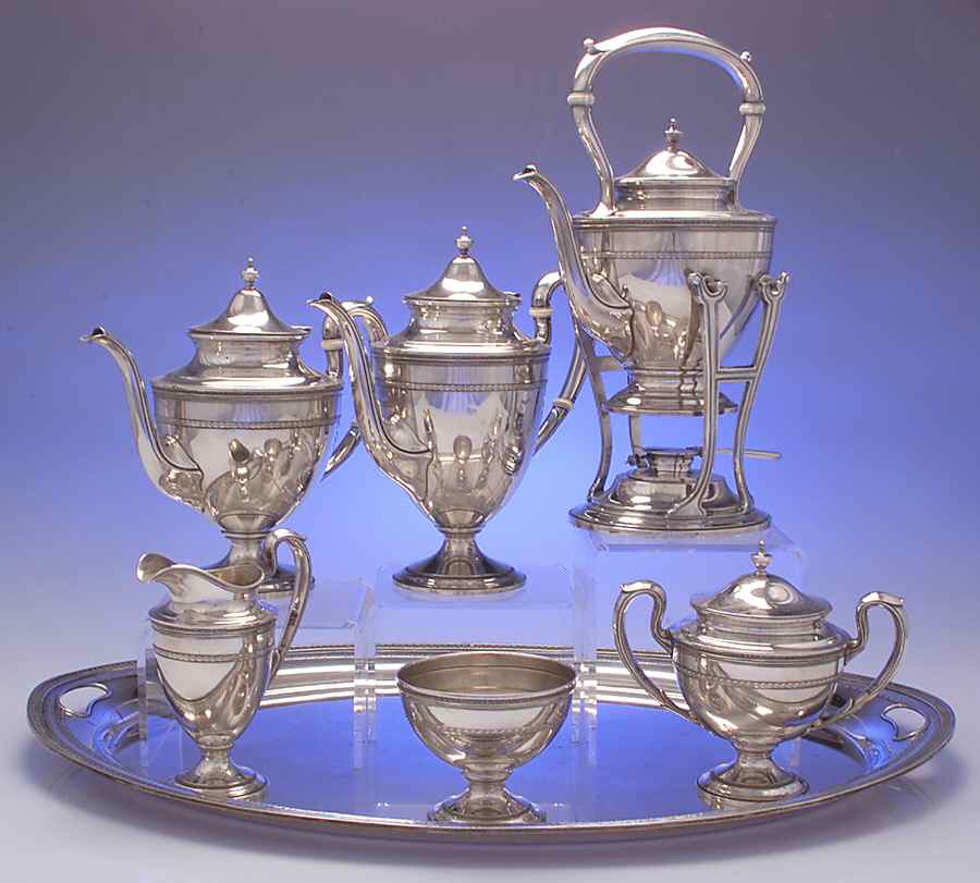 Edgeworth (Sterling, Hollowware) 7 Piece Tea Set (SCP, STP, SCR, SSU, SWB, SKES & WTL) by Gorham Silver-1