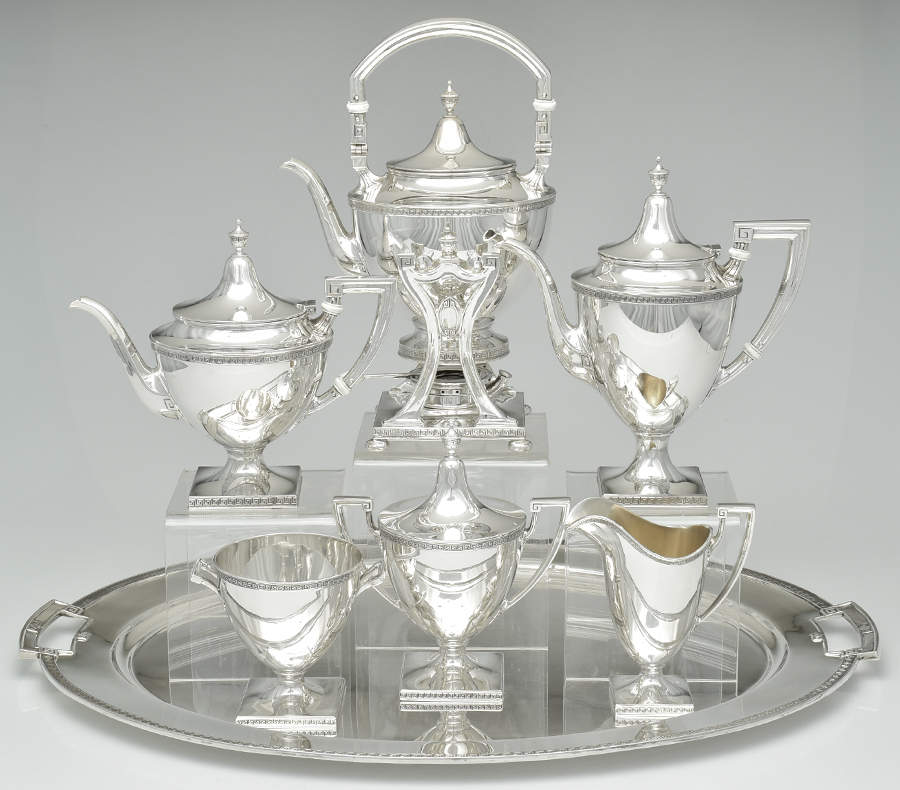Etruscan (Sterling, Hollowware) 7 Piece Tea Set (SCP, STP, SCR, SSU, SWB, SKES & WTL) by Gorham Silver-1
