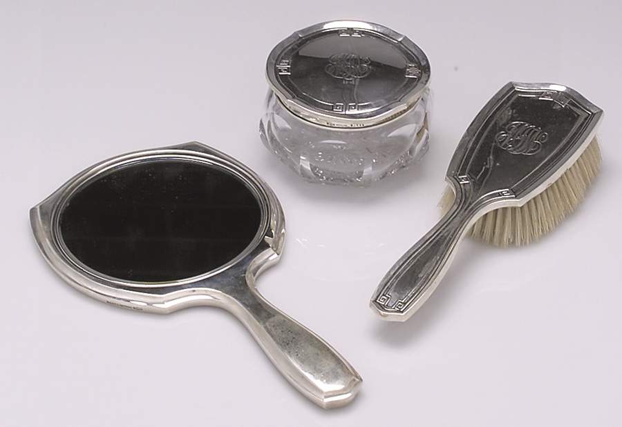 Etruscan (Sterling, Hollowware) 3-Piece Vanity (Brush, Mirror & Powder Jar) by Gorham Silver-1