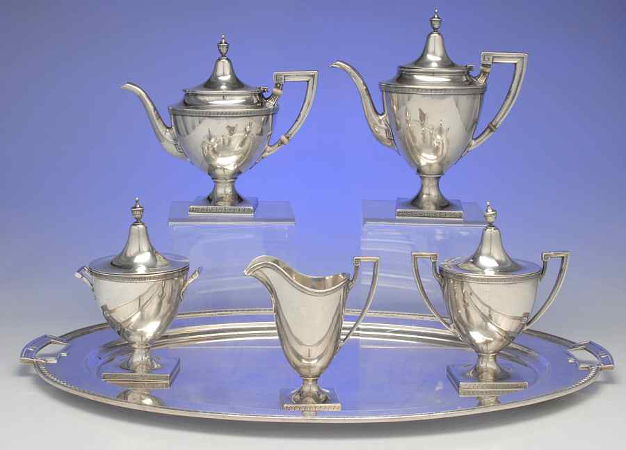 Etruscan (Sterling, Hollowware) 6 Piece Tea Set (SCP, STP, SCR, SSU, SWB, WTL) by Gorham Silver-1