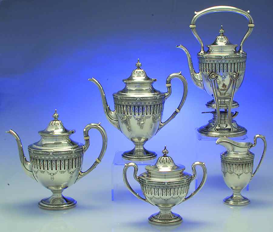 Marie Antoinette (Sterling, Hollowware) 5 Piece Tea Set (SCP, STP, SCR, SSU, SKES) by Gorham Silver-1
