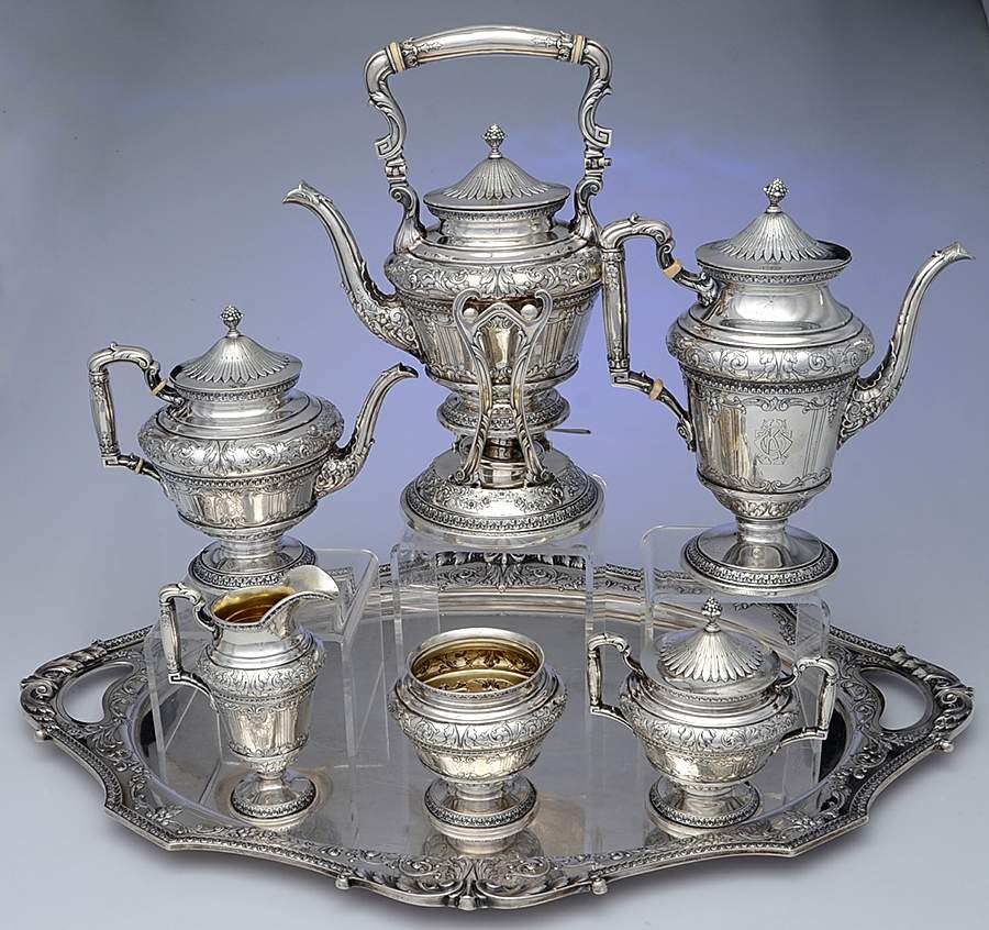 Marie Antoinette (Sterling, Hollowware) 7 Piece Tea Set (CP1, TP1, CR1, SU1, WB1, KES1, WTLM1) by International Silver-1