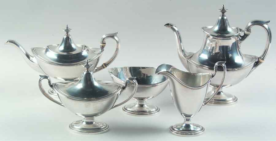 Portsmouth (Sterling, Hollowware) 5 Piece Tea Set (SCP, STP, SCR, SSU, SWB) by Gorham Silver-1