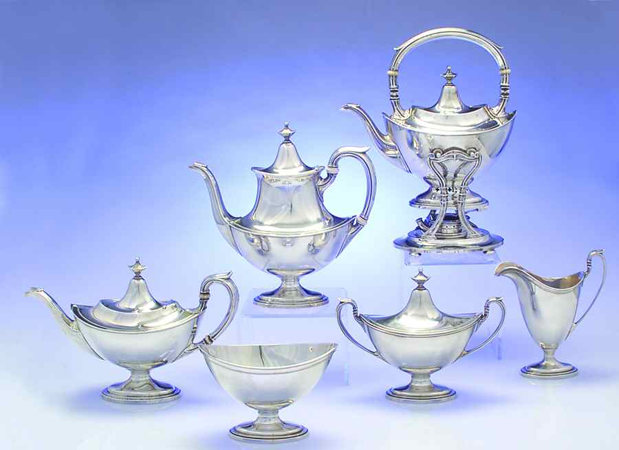 Portsmouth (Sterling, Hollowware) 6 Piece Tea Set (SCP, STP, SCR, SSU, SWB, SKES) by Gorham Silver-1