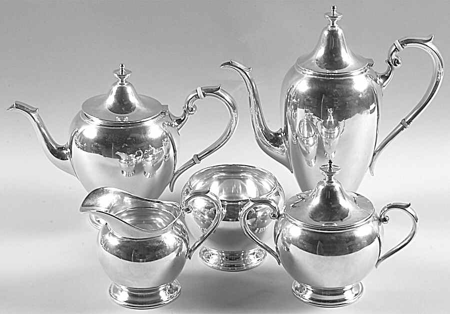 Puritan (Sterling, Hollowware) 5 Piece Tea Set (SCP1, STP1, SCR1, SSU1, SWB1) by Gorham Silver-1