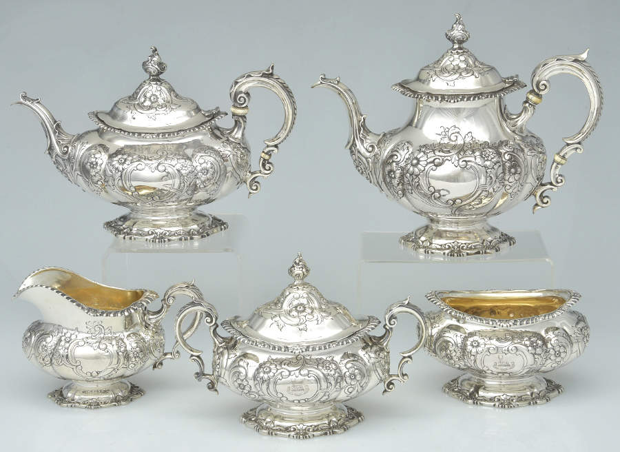 Cambridge (Sterling, 1899, Hollowware) 5 Piece Tea Set (SCP, STP, SCR, SSU, SWB) by Gorham Silver-1
