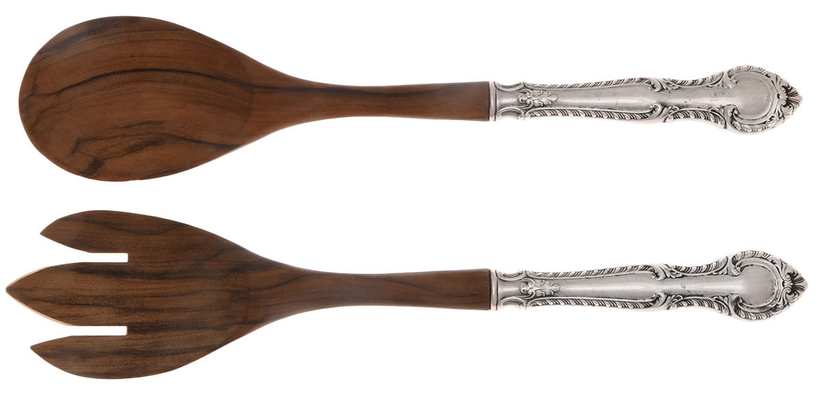 English Gadroon (Sterling, 1939, No Monos) Wooden Bowl 2 Piece Salad Set by Gorham Silver-1