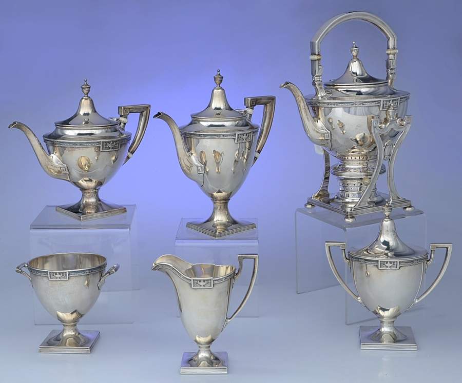 Lansdowne (Sterling, 1917, Hollowware) 6 Piece Tea Set (SCP, STP, SCR, SSU, SWB, SKES) by Gorham Silver-1