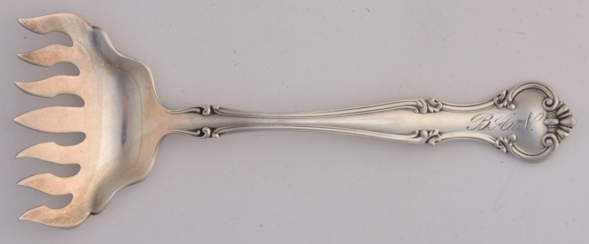 Cromwell (Sterling, 1900, Monograms) Large Solid Tined Sardine Serving Fork by Gorham Silver-1