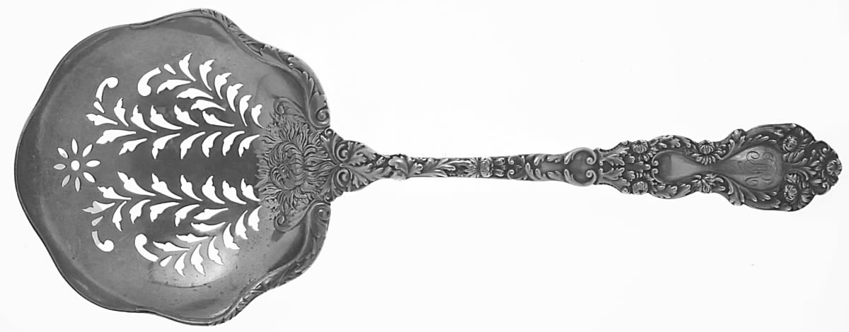Imperial Chrysanthemum (Sterling, Mono) Large Pierced Pea Serving Spoon by Gorham Silver-1