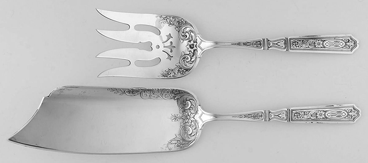 St. Dunstan Chased (Sterling, 1917) 2 Piece Large Solid Fish Serving Set by Gorham Silver-1
