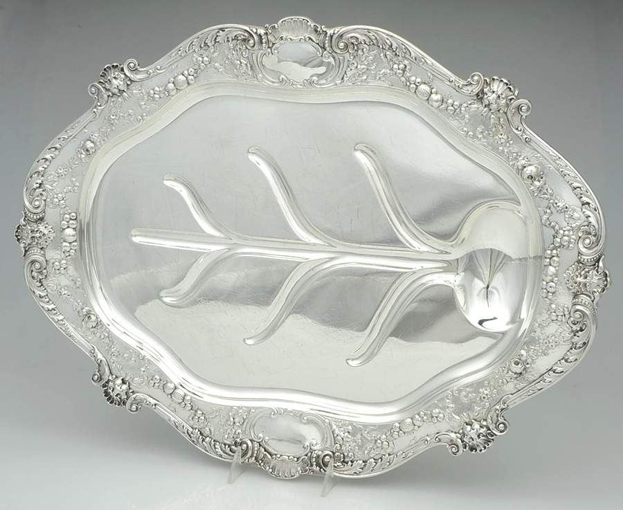 Baronial-Old (Sterling, 1898, Hollowware) 22" Oval Footed Platter with Well by Gorham Silver-1
