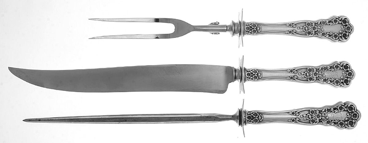 Buttercup (Sterling, Lion-Anchor-G, 1899, No Monos) Large 3-Piece Roast Carving Set w/ Stainless Blade by Gorham Silver-1