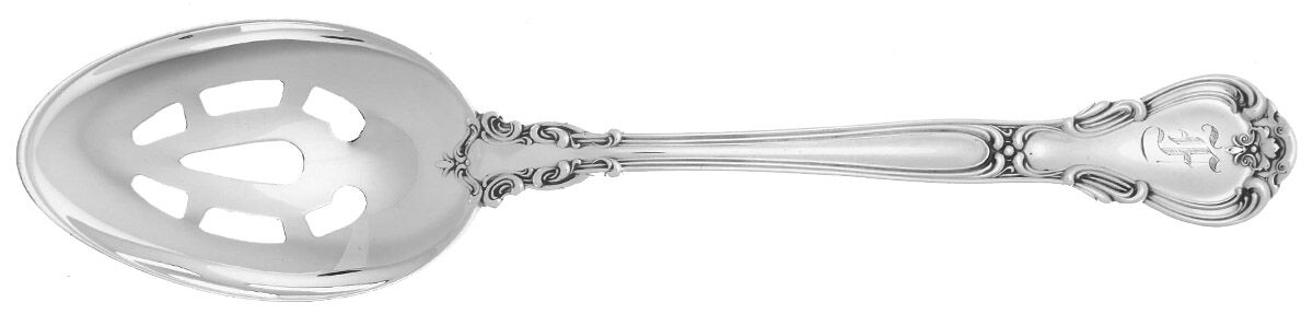 Chantilly (Sterling, 1895, Lion-Anchr-G, Monograms) Pierced Tablespoon (Serving Spoon) HC by Gorham Silver-1