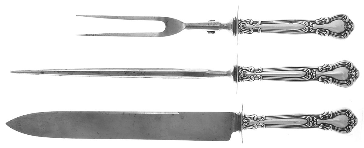 Chantilly (Sterling, 1895, Lion-Anchr-G, Monograms) (3 Pc)Carving Set-Lg Stnbl/Roast w/Sterling Guard by Gorham Silver-1