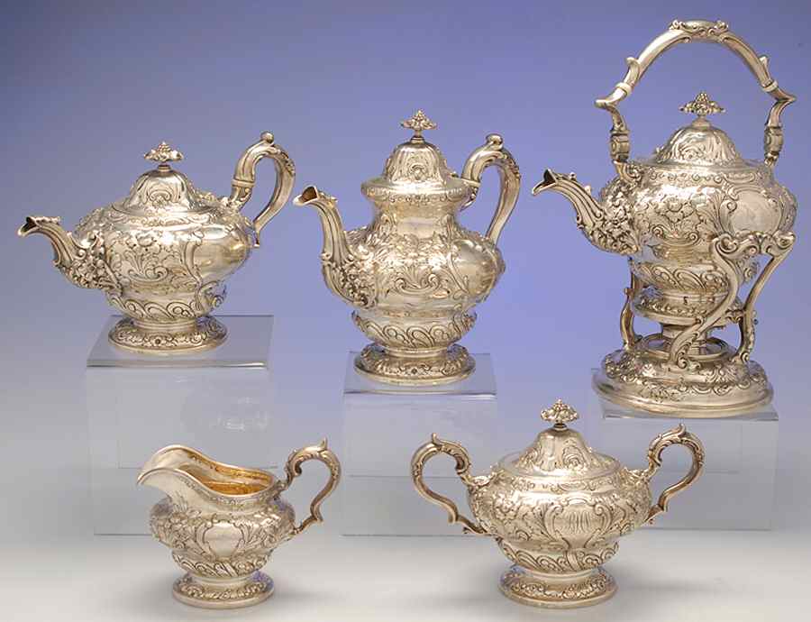5511A-6A (Sterling, Hollowware) 5 Piece Tea Set (SCP, STP, SCR, SSU, SKES) by Gorham Silver-1