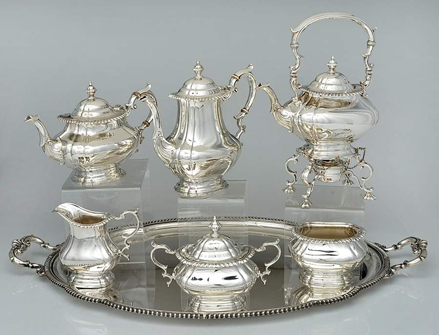 English Gadroon-Gadroon (Sterling, Hollowware) 7 Piece Tea Set (SCP, STP, SCR, SSU, SWB, SKES & WTL) by Gorham Silver-1