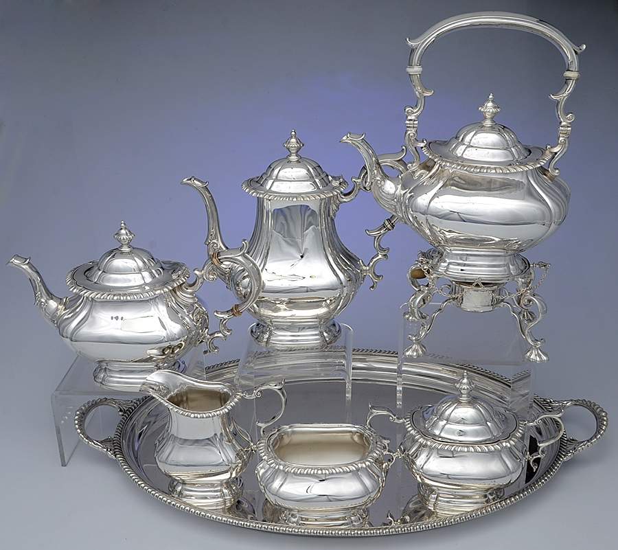 English Gadroon-Gadroon (Sterling, Hollowware) 7 Piece Tea Set (SCP, STP, SCR, SSU, SWB, SKES, WT21C) by Gorham Silver-1