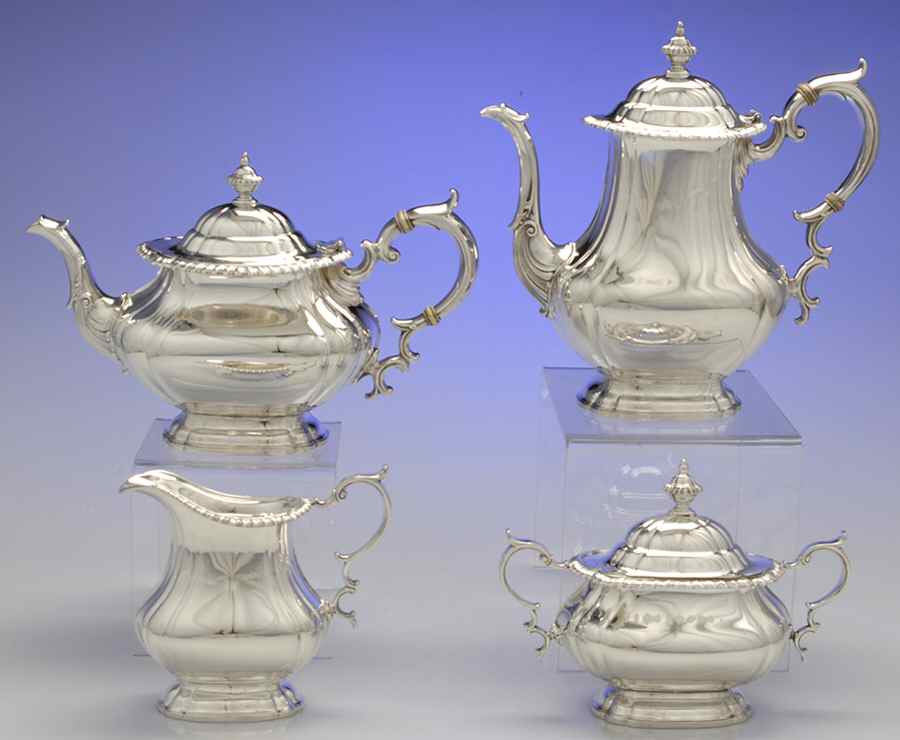 English Gadroon-Gadroon (Sterling, Hollowware) 4 Piece Tea Set (SCP, STP, SCR, SSU) by Gorham Silver-1