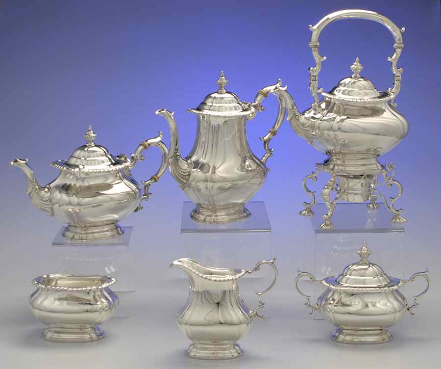 English Gadroon-Gadroon (Sterling, Hollowware) 6 Piece Tea Set (SCP, STP, SCR, SSU, SWB, SKES) by Gorham Silver-1
