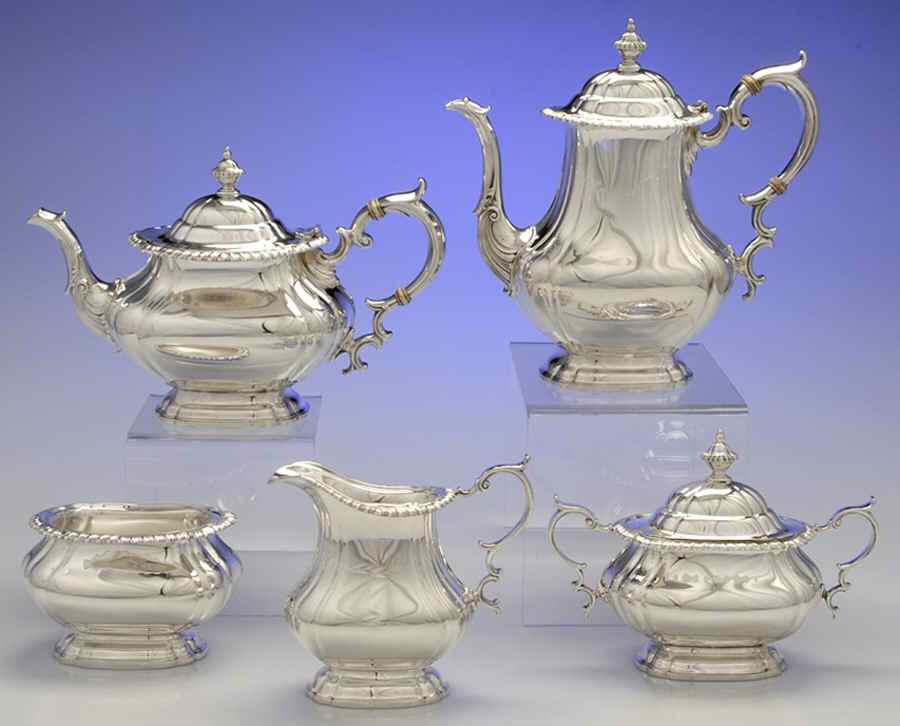 English Gadroon-Gadroon (Sterling, Hollowware) 5 Piece Tea Set (SCP, STP, SCR, SSU, SWB) by Gorham Silver-1