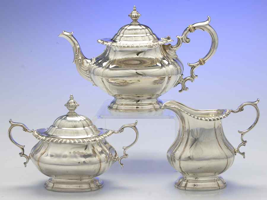 English Gadroon-Gadroon (Sterling, Hollowware) 3 Piece Tea Set (STP, SCR, SSU) by Gorham Silver-1