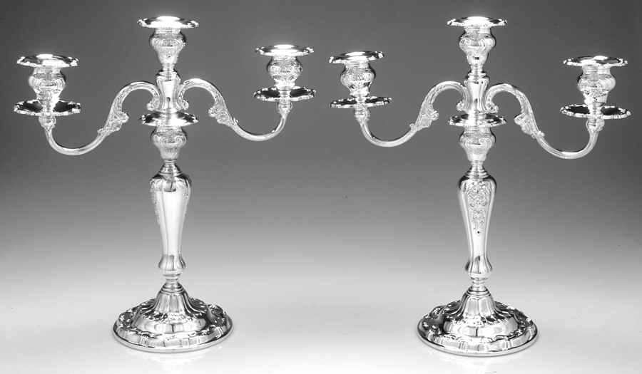 Louis XV (Silverplate, Hollowware) Pair of 3-Light Candelabra by Gorham Silver-1