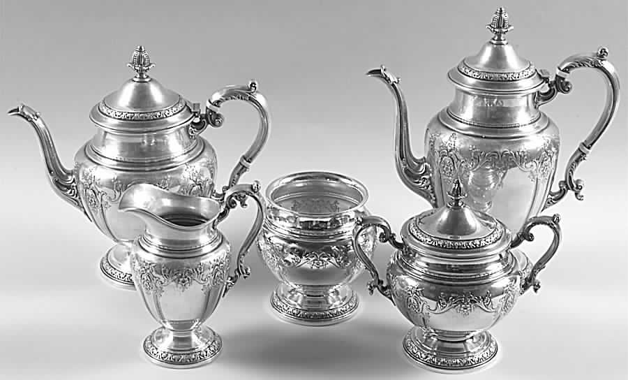 King Edward (Sterling, Hollowware) 5 Piece Tea Set (SCP, STP, SCR, SSU, SWB) by Gorham Silver-1
