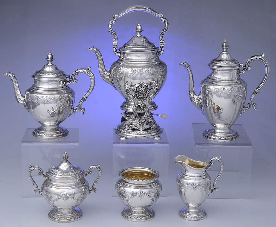 King Edward (Sterling, Hollowware) 6 Piece Tea Set (SCP, STP, SCR, SSU, SWB, SKES) by Gorham Silver-1