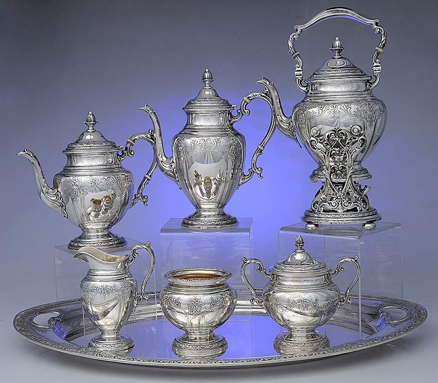 King Edward (Sterling, Hollowware) 7 Piece Tea Set (SCP, STP, SCR, SSU, SWB, SKES & WTL) by Gorham Silver-1