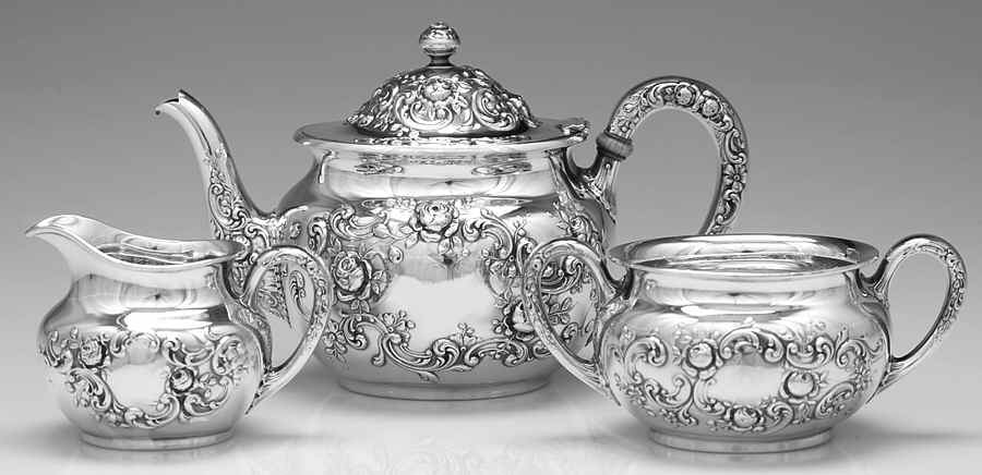 Fleury (Sterling, 1909, Hollowware) 3 Piece Mini Tea Set (CPM1, CRM1, SUOM1) by Gorham Silver-1