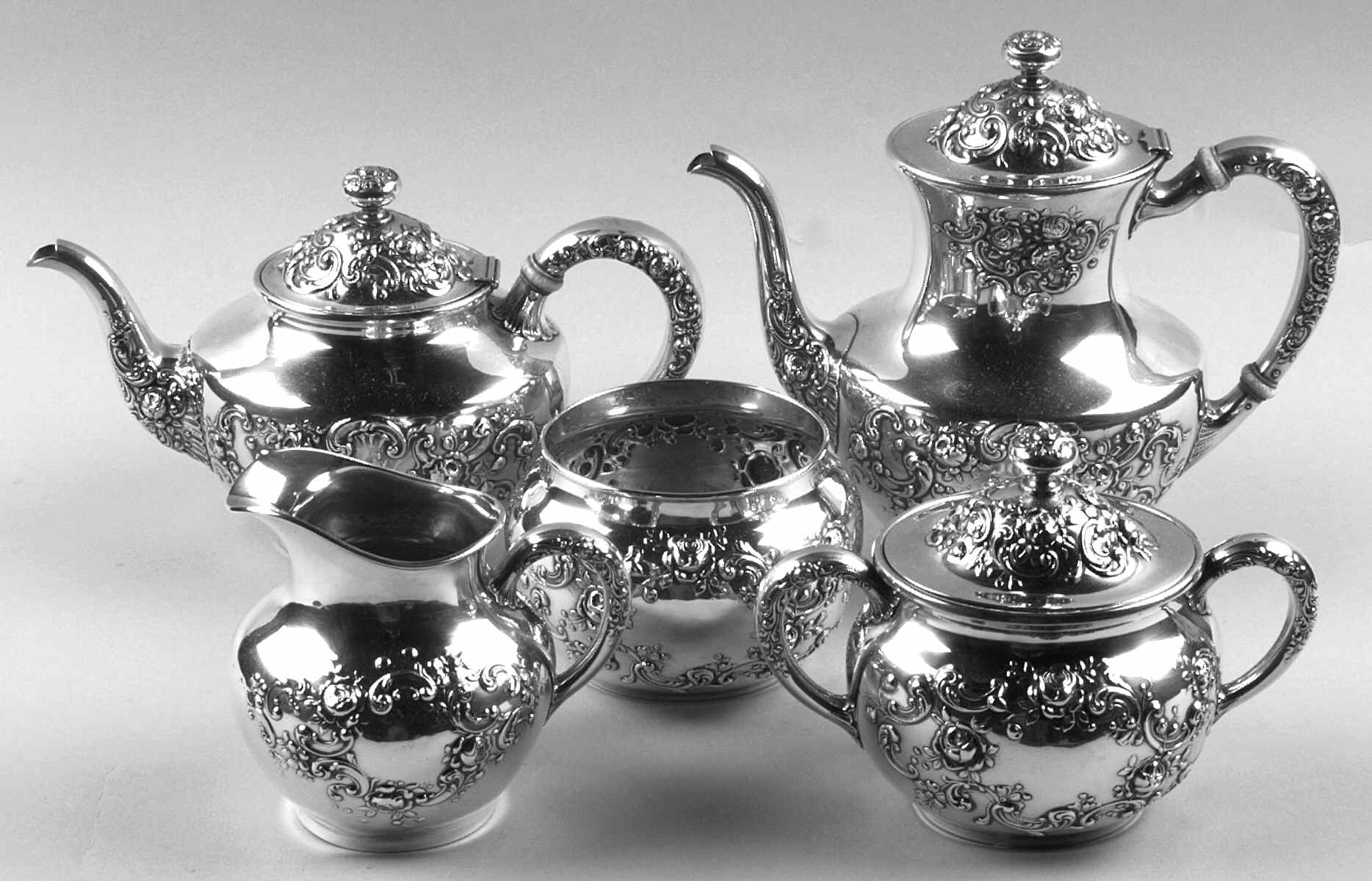 Fleury (Sterling, 1909, Hollowware) 5 Piece Tea Set (SCP, STP, SCR, SSU, SWB) by Gorham Silver-1