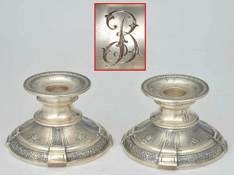 Florentine-Florenz (Sterling, 1901, Hollowware) Pair of Weighted Console Candleholders by Gorham Silver-1