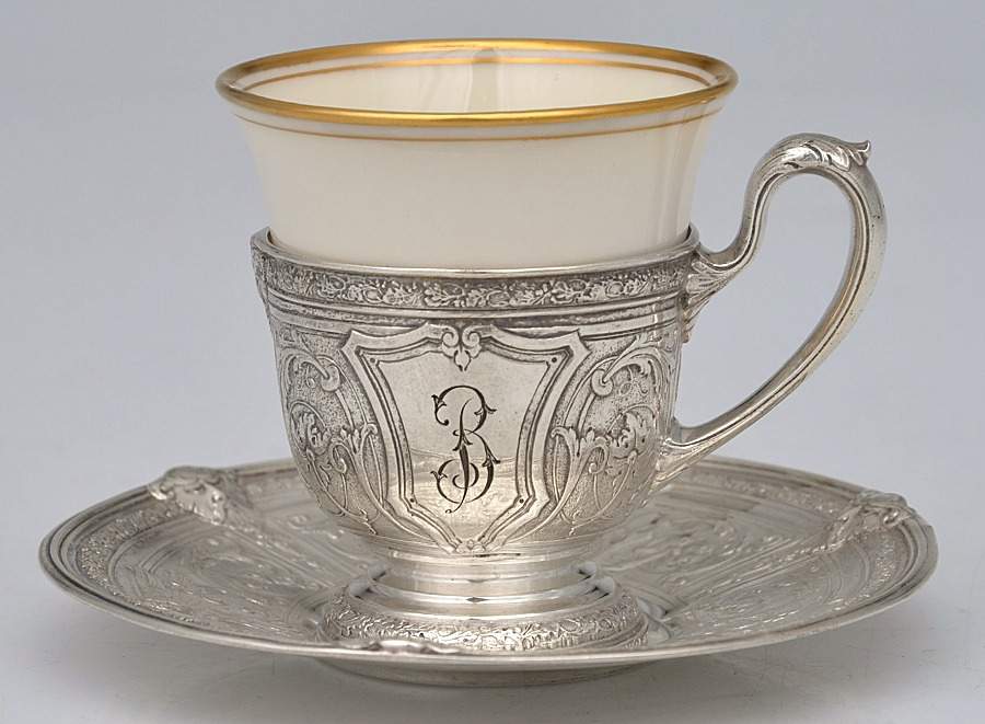Florentine-Florenz (Sterling, 1901, Hollowware) Demitasse Cup & Saucer W/Lenox Liner by Gorham Silver-1