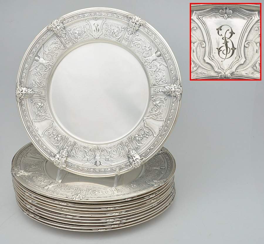 Florentine-Florenz (Sterling, 1901, Hollowware) (Set of 12) 10" Dinner Plates by Gorham Silver-1