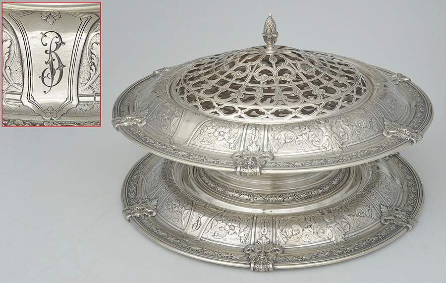 Florentine-Florenz (Sterling, 1901, Hollowware) Round Footed Centerpiece & Underplate with Slvp Frog by Gorham Silver-1