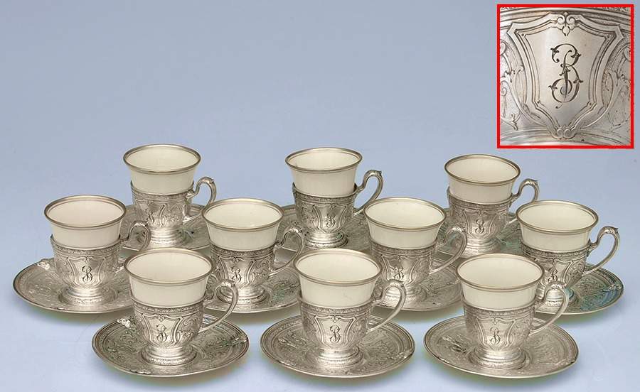Florentine-Florenz (Sterling, 1901, Hollowware) Demi Cup and Saucer with Lenox Liner - Set of 10 by Gorham Silver-1
