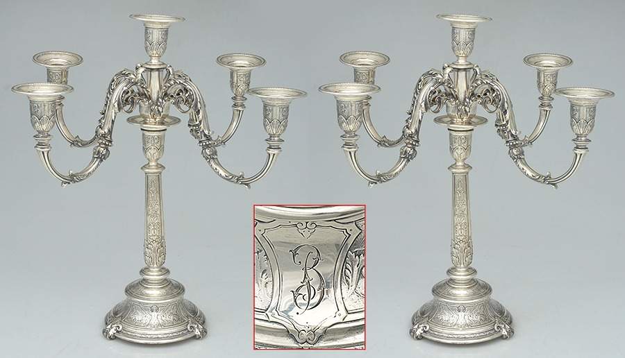 Florentine-Florenz (Sterling, 1901, Hollowware) Pair of Weighted 5 Light Candelabra by Gorham Silver-1
