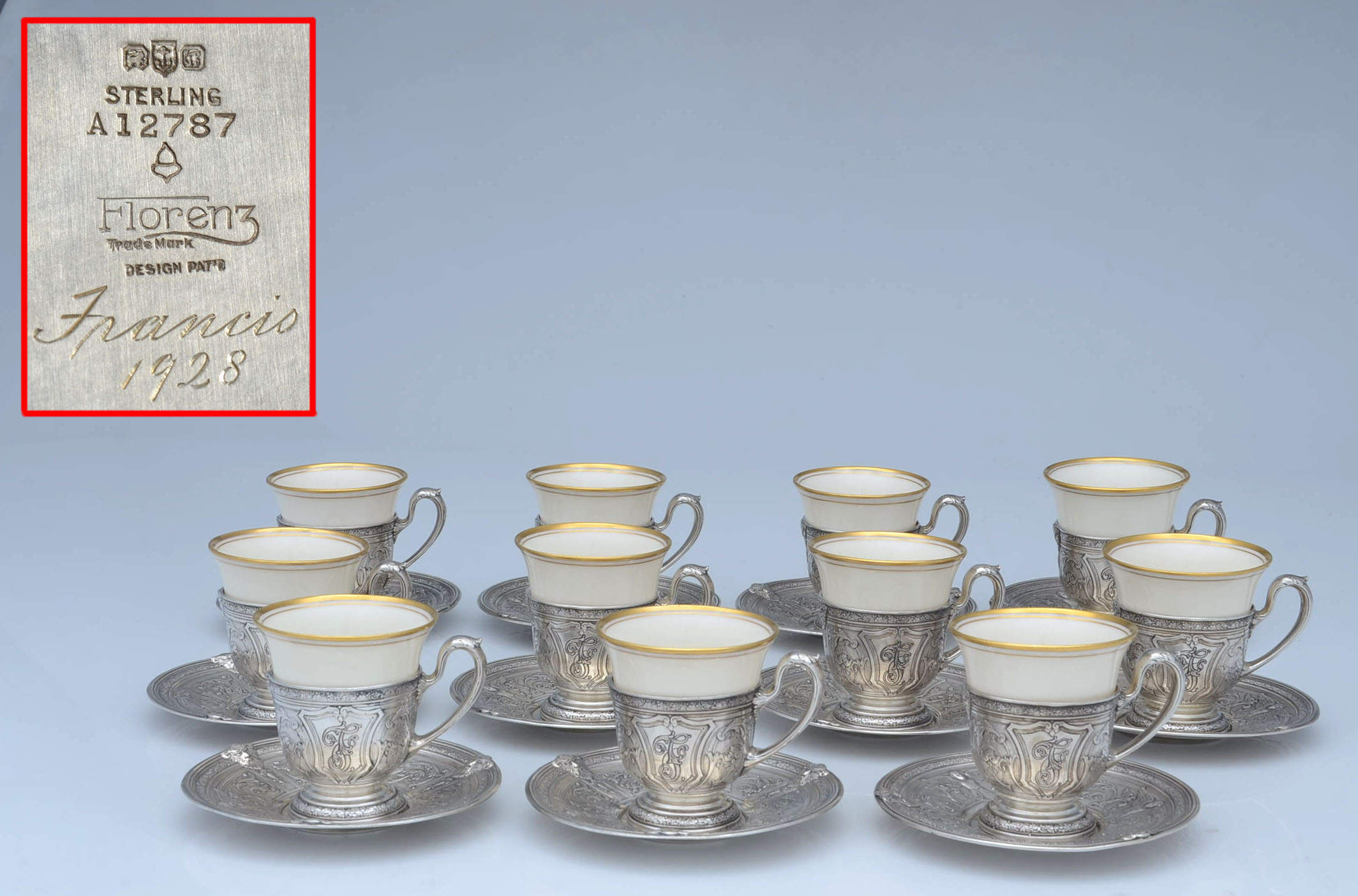 Florentine-Florenz (Sterling, 1901, Hollowware) Demi Cup and Saucer with Lenox Liner - Set of 11 by Gorham Silver-1