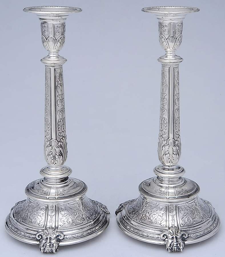 Florentine-Florenz (Sterling, 1901, Hollowware) Pair of 11" Weighted Candlesticks by Gorham Silver-1