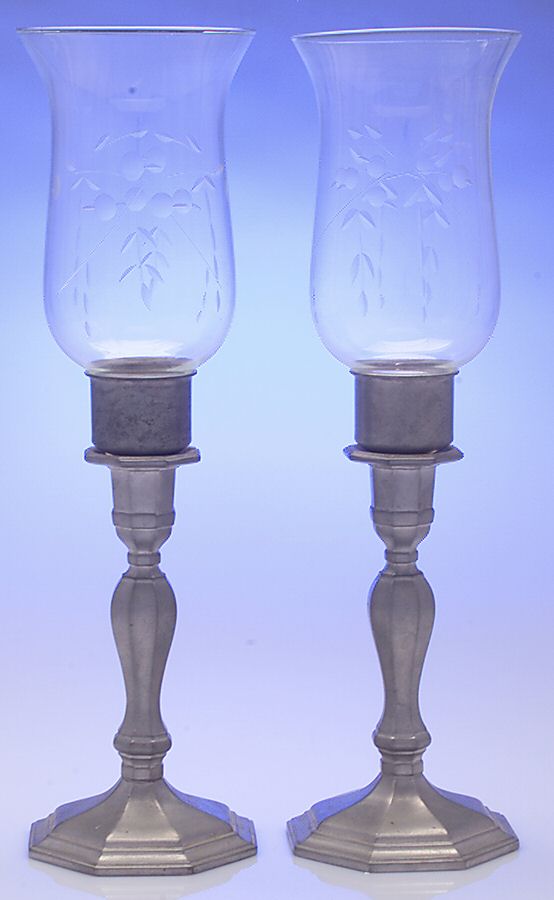 Octette (Pewter, Hollowware) Pair of Hurricane Lamps & Globes by Gorham Silver-1