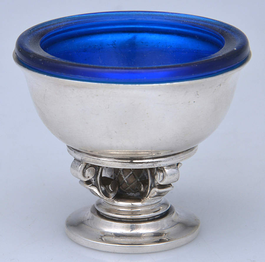 Acorn (Sterling, 1915) Open Salt Master-W/Cobalt Liner by Georg Jensen (Denmark)-1