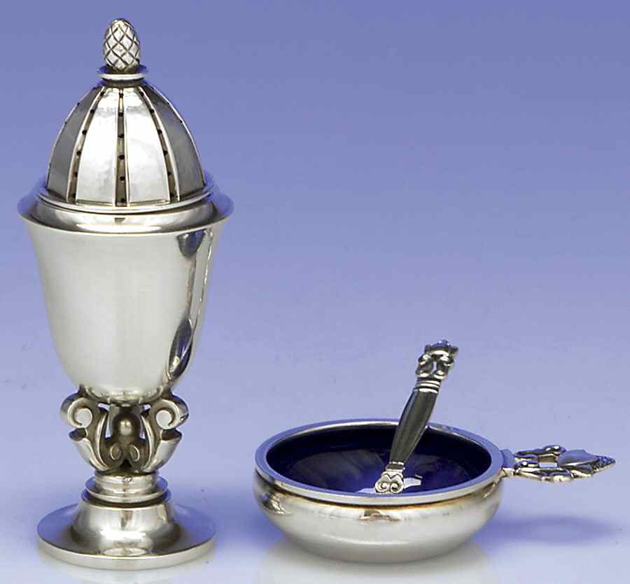 Acorn (Sterling, 1915) Sterling Open Salt, Spoon and Pepper Individual by Georg Jensen (Denmark)-1