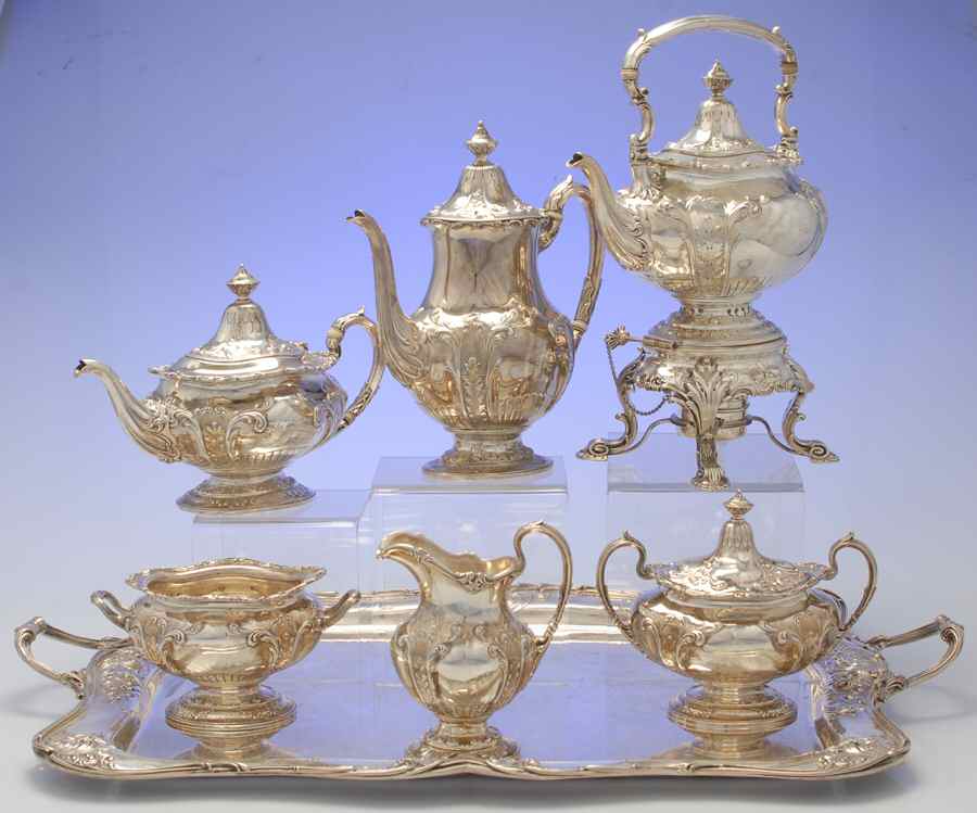 A642 (Sterling, Hollowware) 7 Piece Tea Set (SCP, STP, SCR, SSU, SWB, SKES & WTL) by Gorham Silver-1
