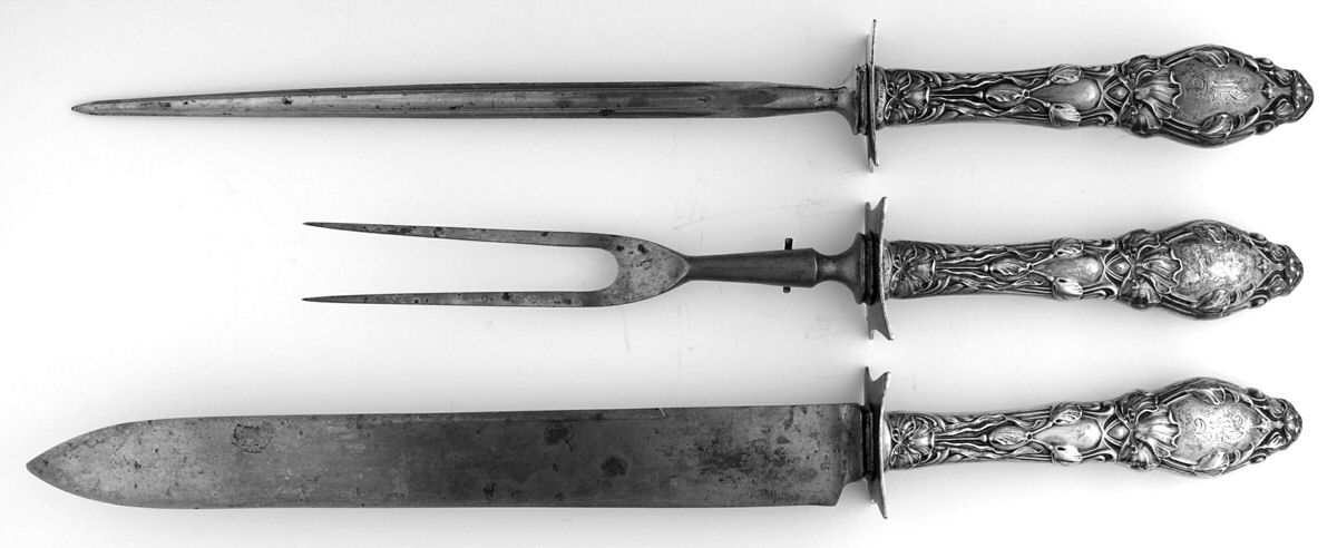 Virginiana (Sterling, 1904-1905, Monograms) (3 Pc)Carving Set-Lg Stnbl/Roast w/Sterling Guard by Gorham Silver-1